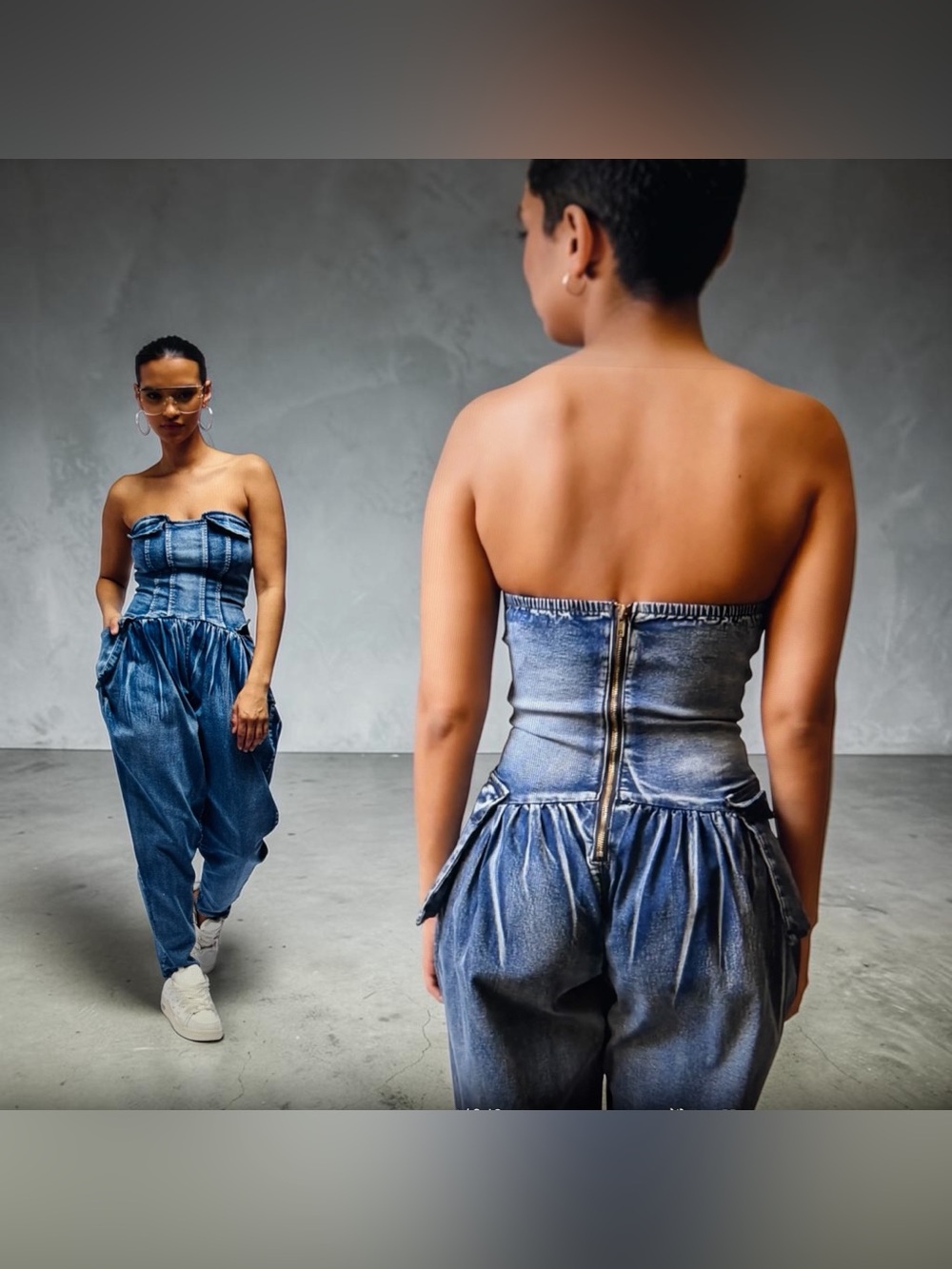 AKIRA Till We Meet Again Strapless Denim Jumpsuit with Pockets Women's Small